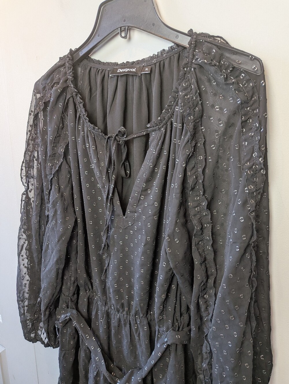 DESIGUAL Women Mini Dress Polka Dot Black Silver Size XL Long Sleeve Holiday - Picture 7 of 16